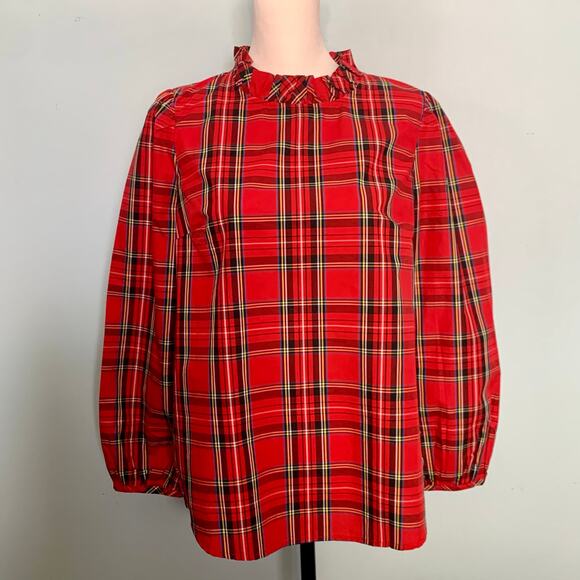 NWT J. Crew Long-Sleeve Ruffleneck Top in Red Stewart Tartan Size Small - Picture 7 of 9